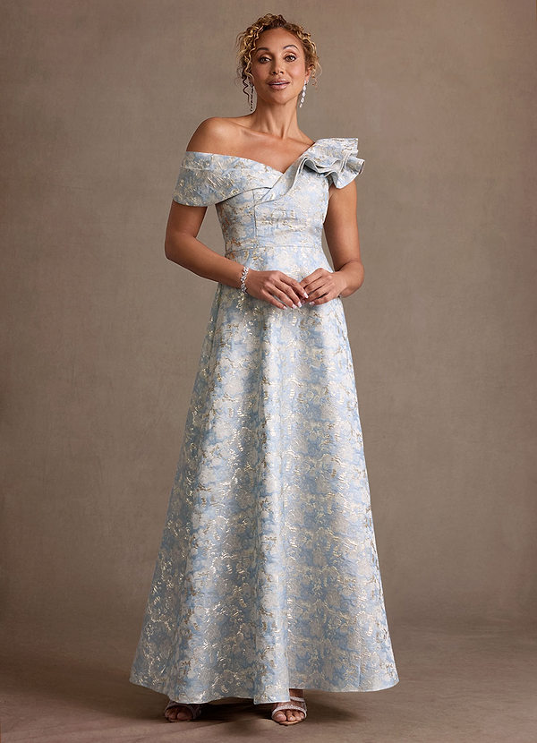 Azazie Fran Dusty Blue A-Line Ruched Jacquard Dress | Azazie