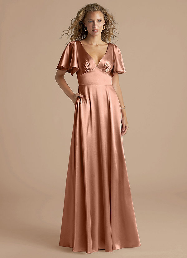Azazie Kimber Bridesmaid Dresses Bronzer A-Line Ruched Metallic Satin Dress image1