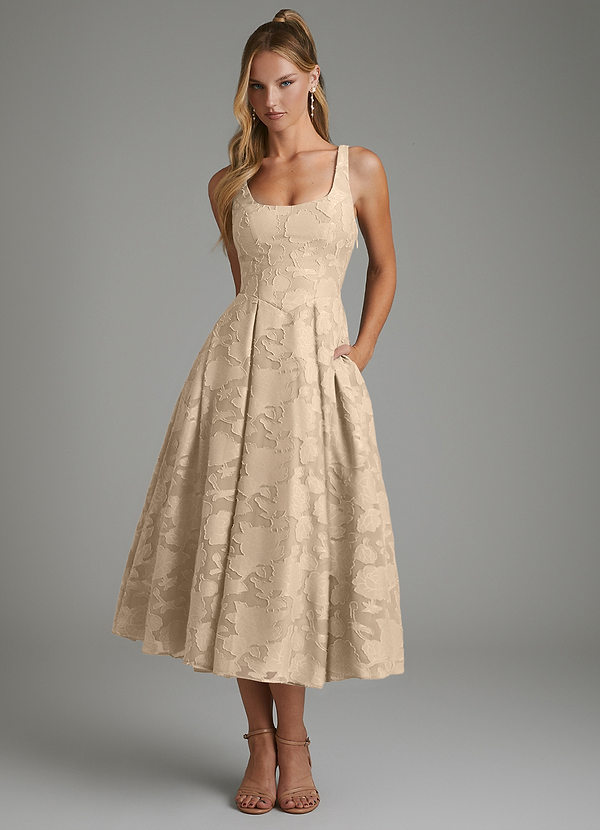 Azazie Isabella Brautjungfernkleider A-Linie Korsett Blumen-Burnout Kleid Champagner image1