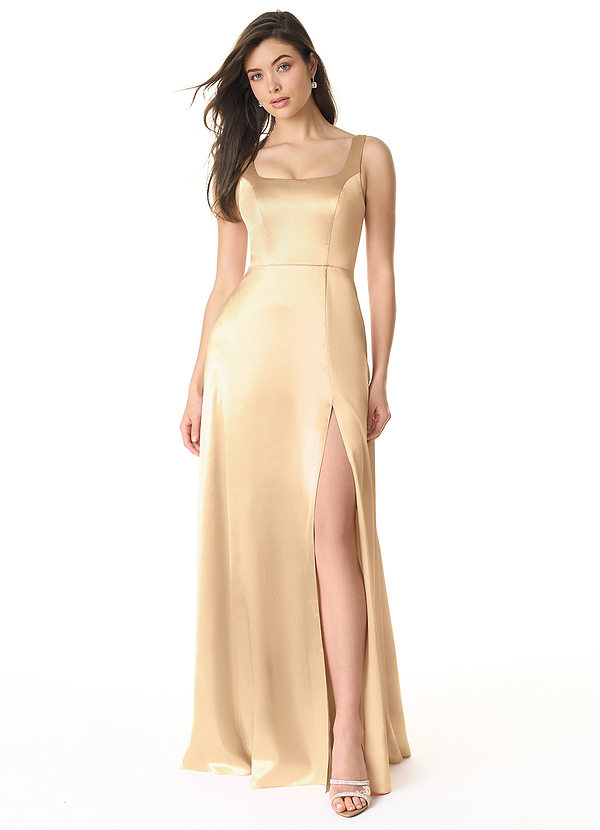 Azazie Joyce Bridesmaid Dresses A-Line Side Slit Metallic Satin Floor-Length Dress image1