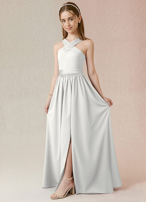 Azazie Jiya Junior White A-Line Pleated Stretch Satin Dress image1