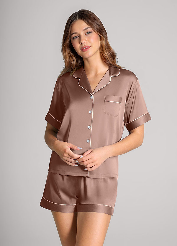 front Matching Color Satin Contrast Piping Pajama Set