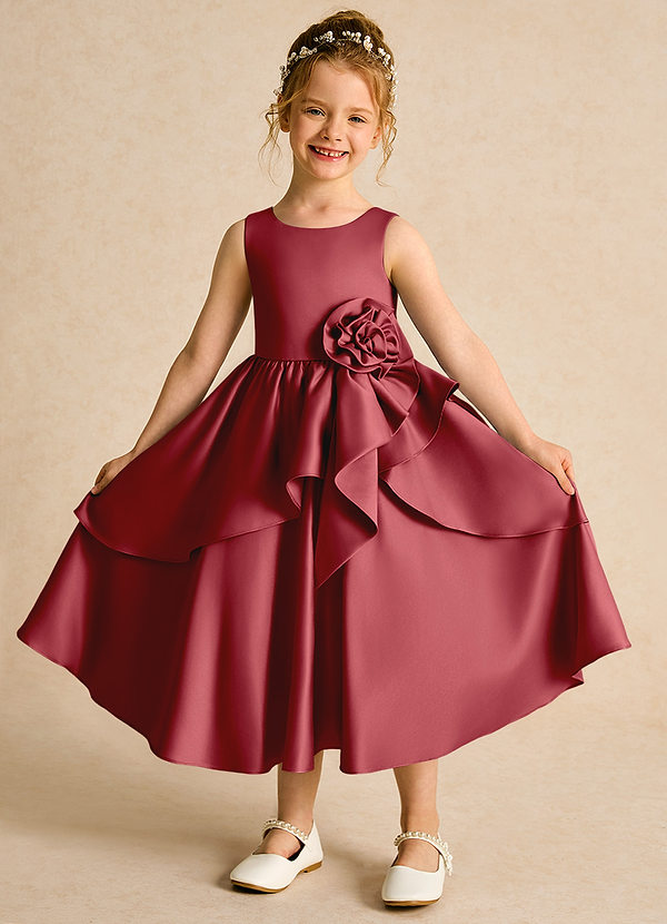 Azazie Hermia Blumenkinder Kleider A-Linie ärmellos Matte Satin Kleid Granatapfelrot image1