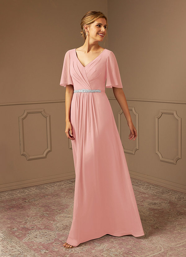 Azazie Tricia Brautmutterkleider A-Linie V-Hals Gefaltet Chiffon Kleid Rosettenrosa image1