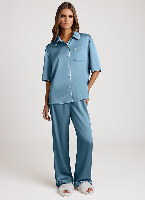 front Steel Blue Contrast-trimmed Pajama Set