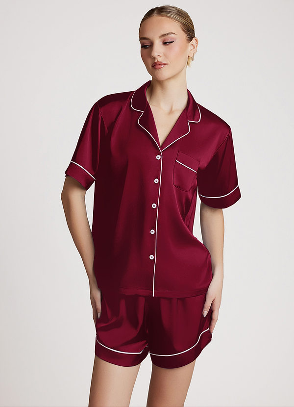 front Burgundy Satin Contrast Piping Pajama Set