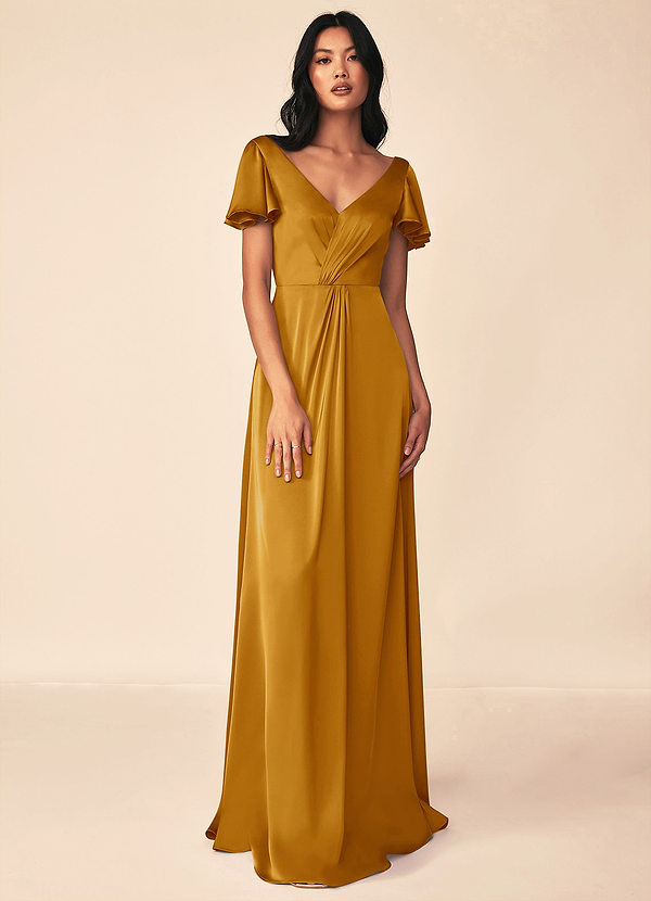 Azazie Soren Bridesmaid Dresses Butterscotch Flowy Pleated Stretch Satin Dress image1