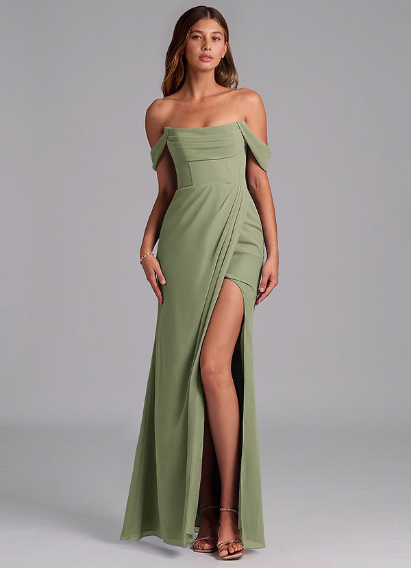 Azazie Johana Bruidsmeisjes Jurken Converteerbaar Jurk van Chiffon met Zeemeermin Off the Shoulder Pistache image1
