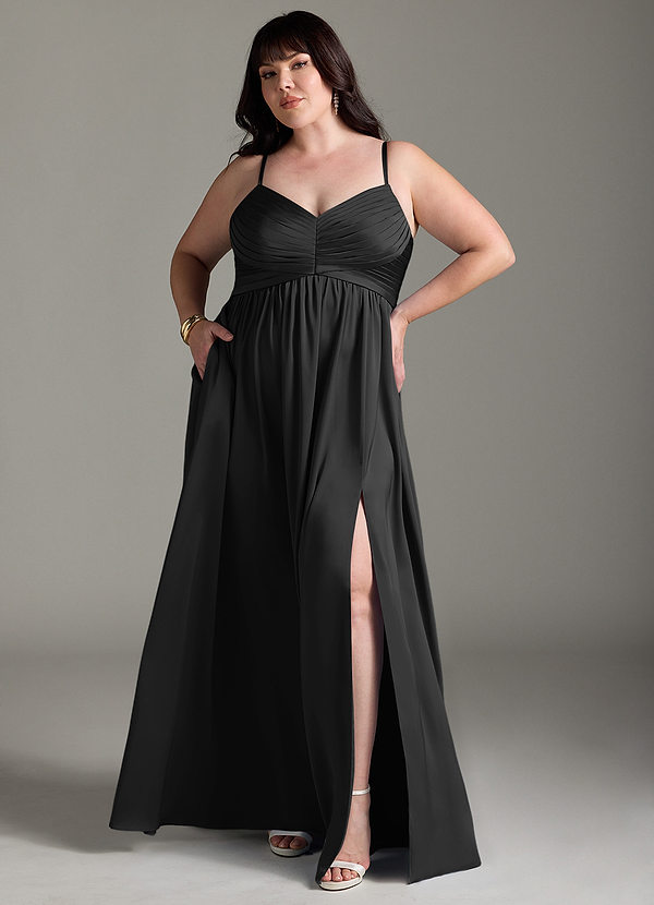 Azazie Alia Vestidos Dama de Honor Vestido de Negro de Satén Elástico de Corte en A con Plisado image1