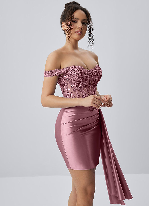 Oralien Dusty Pink Beading Sequin Embroidery Stretch Satin Ruffles Corset Lace-Up Mini Dress image1