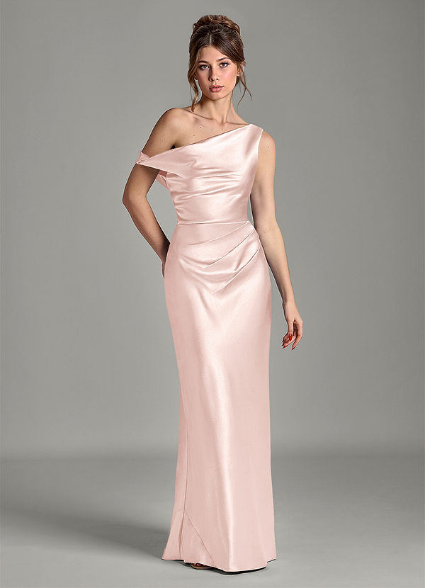 Azazie Emerson 신부 들러리 드레스 인어 오프 더 숄더 메탈릭 새틴 바닥 길이 드레스 image1