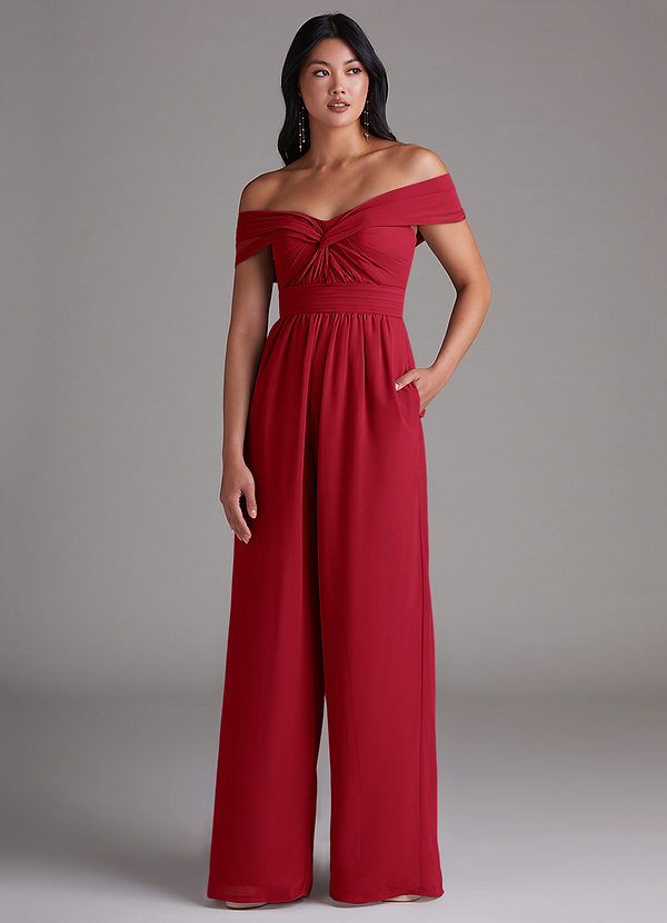 Azazie Lamara Robes Demoiselle d'honneur Combinaison Convertible en Mousseline de soie Épaule décolletée Écarlate image1