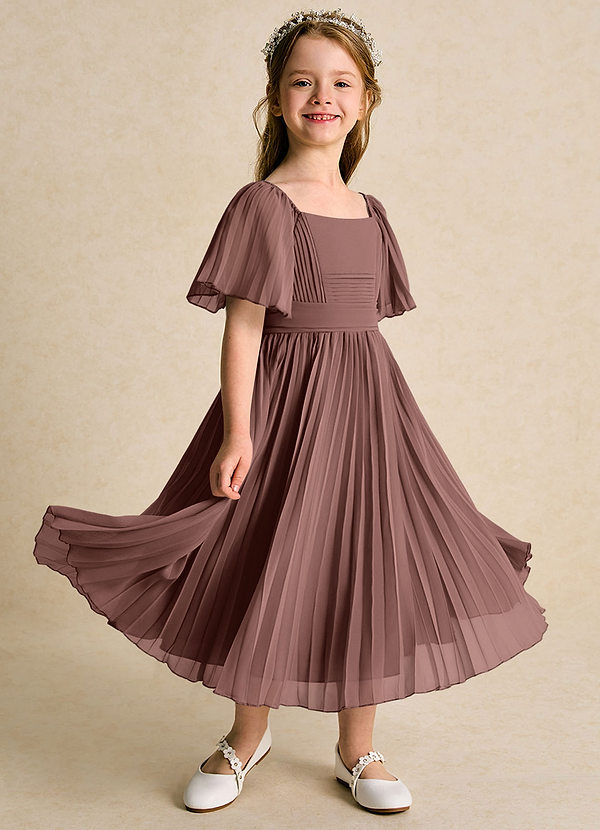 Azazie Gisele Flower Girl Dresses Espresso A-Line Pleated Chiffon Dress image1