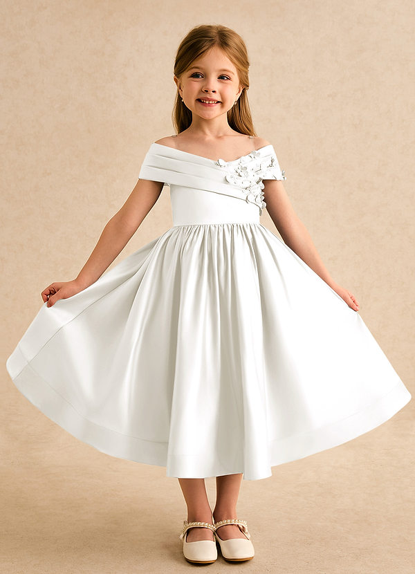 Azazie Deedee Bloemenmeisjes Jurken Baljurk Jurk van Mat Satijn Off the Shoulder Ivoor image1