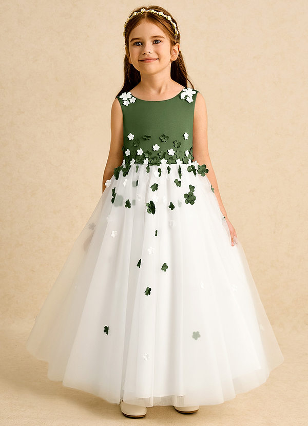 Azazie Eleni Blumenkinder Kleider Ballkleid Schleifen Tüll Kleid Elfenbein Olivgrün image1