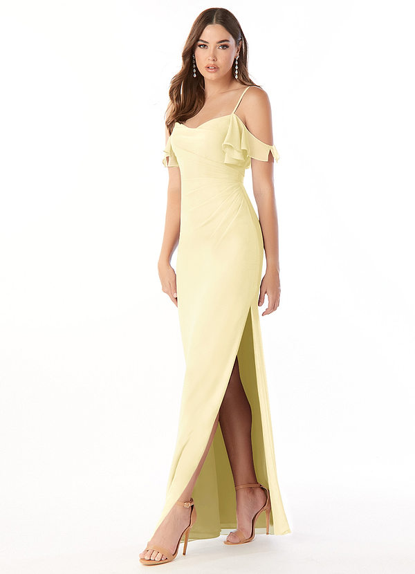 Azazie Emeralda Bridesmaid Dresses Lemon Sorbet Sheath Off the Shoulder Chiffon Dress image1