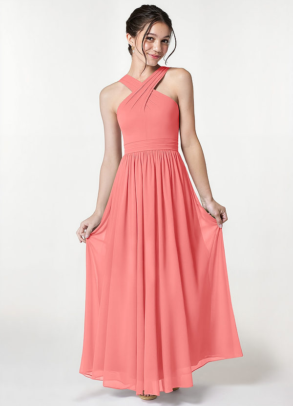 Azazie Jiya Junior Coral A-Line Pleated Mesh Dress image1