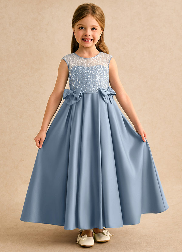 Azazie Candy Girl Abiti da Ragazza di Fiori Abito Principessa in Raso Opaco Fiocco Blu Polveroso image1