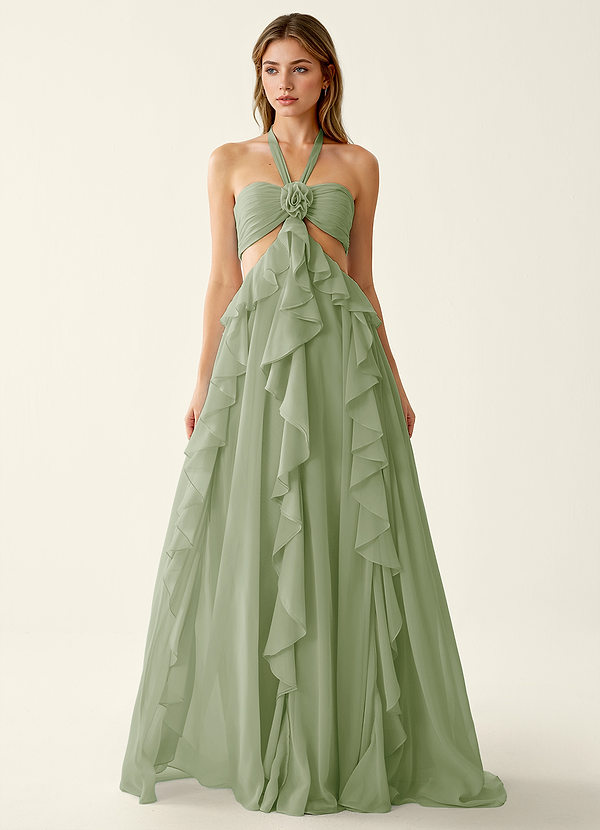 Gelsomina Vert Clair Robe de bal trapèze à volants en mousseline de soie et fleurs 3D image1