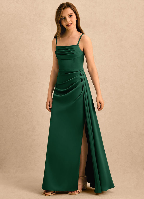 Azazie Shyla Girls Formal Sukienki dla dziewczynek sypiących kwiaty Osłona Pofałdowany Satyna elastyczna Długość podłogi Sukienka image1