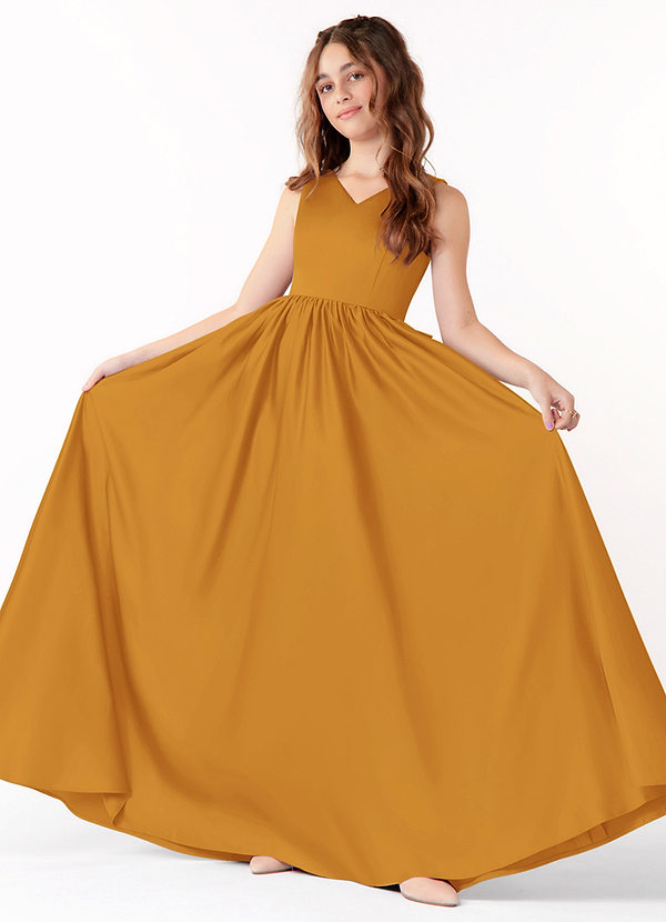 Azazie Hathaway Junior Butterscotch A-Line Bow Matte Satin Dress image1