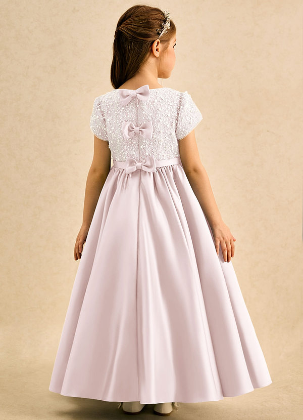 Azazie Cashew Flower Girl Dresses Blushing Pink Ball-Gown with Sleeves Matte Satin Dress image1