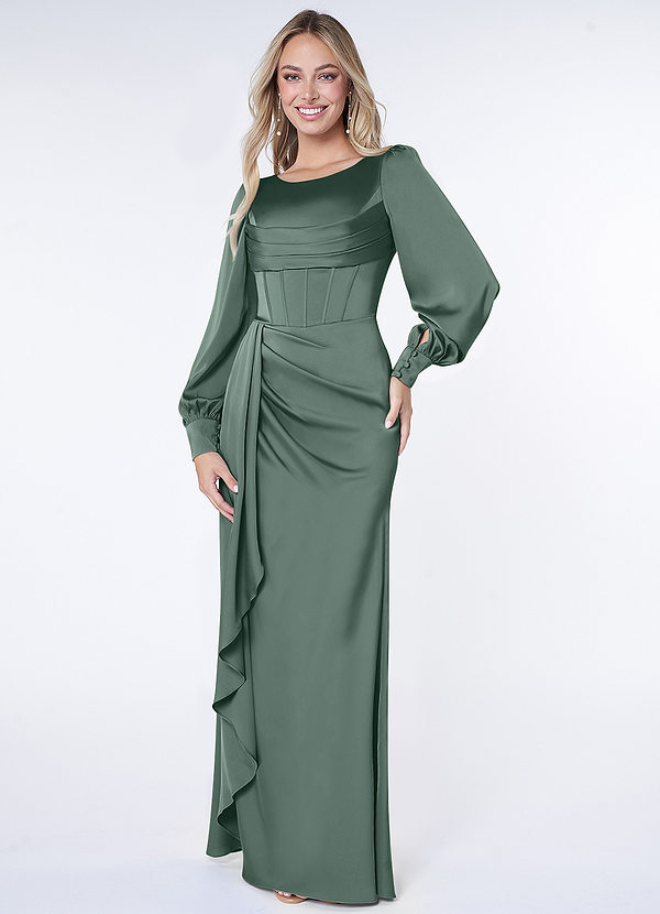Azazie Raye Bridesmaid Dresses Sea Moss Mermaid Long Sleeve Stretch Satin Dress image1