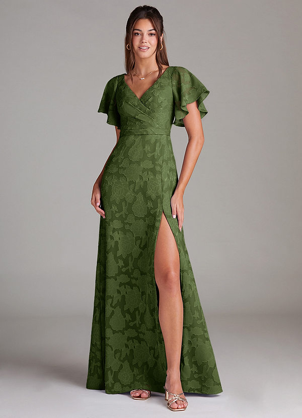 Azazie Ambrosia Bridesmaid Dresses Olive A-Line Pleated Floral Burnout Dress image1