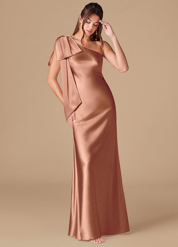 Azazie Capri Bridesmaid Dresses Bronzer Sheath One Shoulder Metallic Satin Dress image1