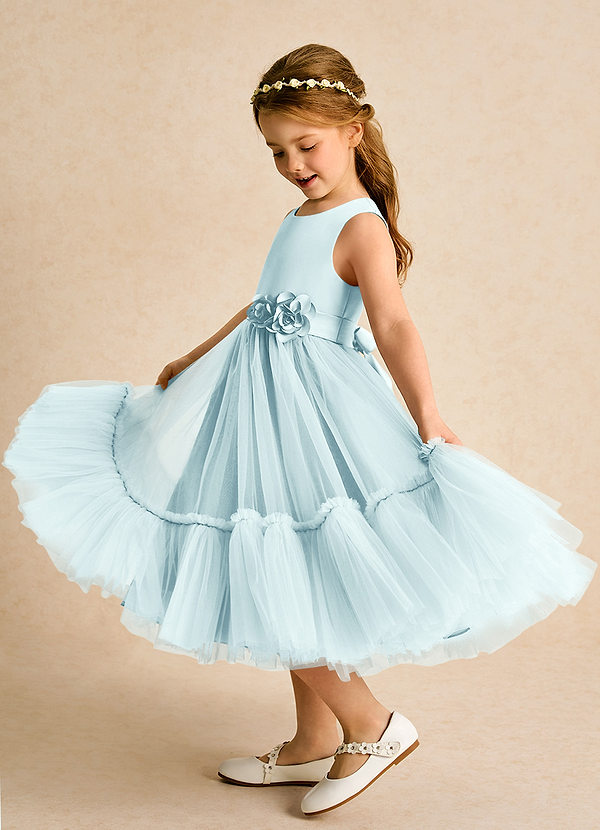 Azazie Miracle Blumenkinder Kleider A-Linie Schleifen Matte Satin Kleid Seegrün image1