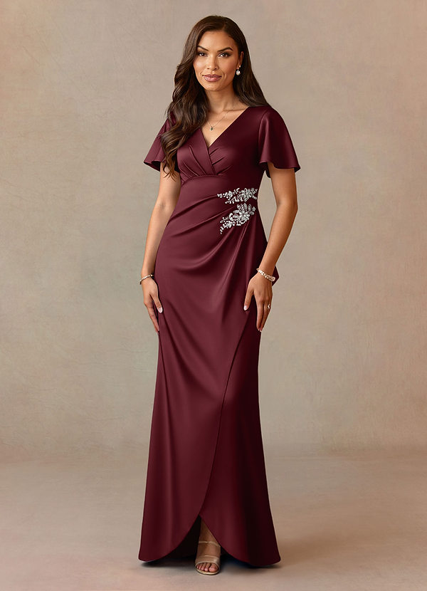 Azazie Robins Vestidos de Madre de la Novia Vestido de Cabernet de Satén Elástico de Corte En A con Plisado image1