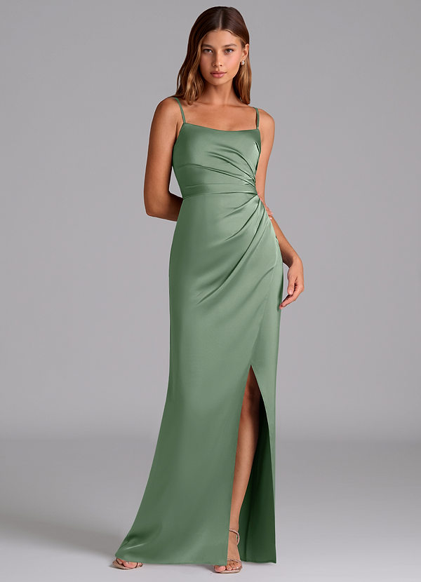 Azazie Calandra Suknie dla druhen Linia A Pofałdowany Satyna elastyczna Do ziemi Sukienka image1