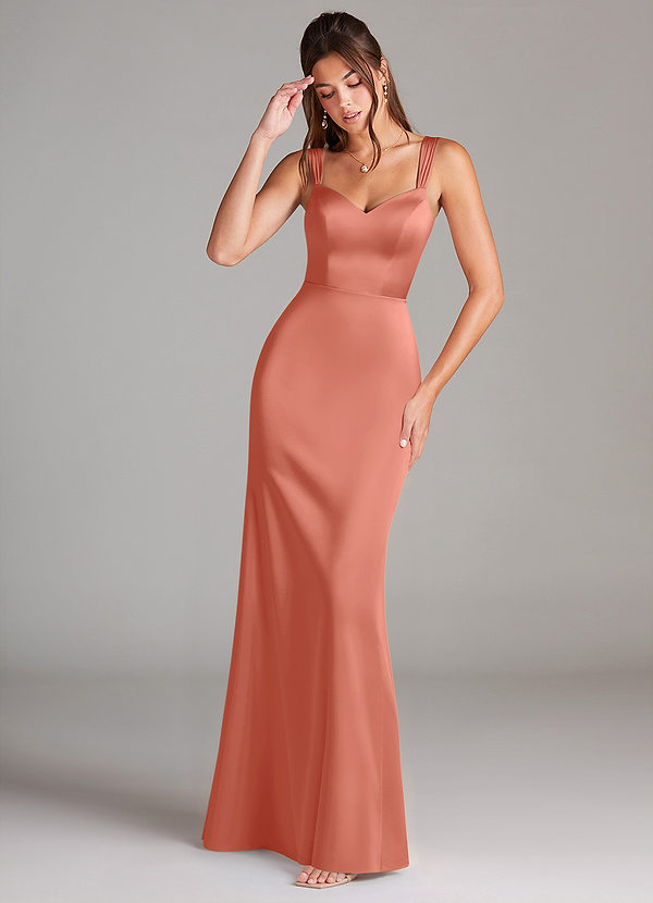 Azazie Denice Robes Demoiselle d'honneur Robe Fourreau en Satin extensible Plissée Rose Saumon image1