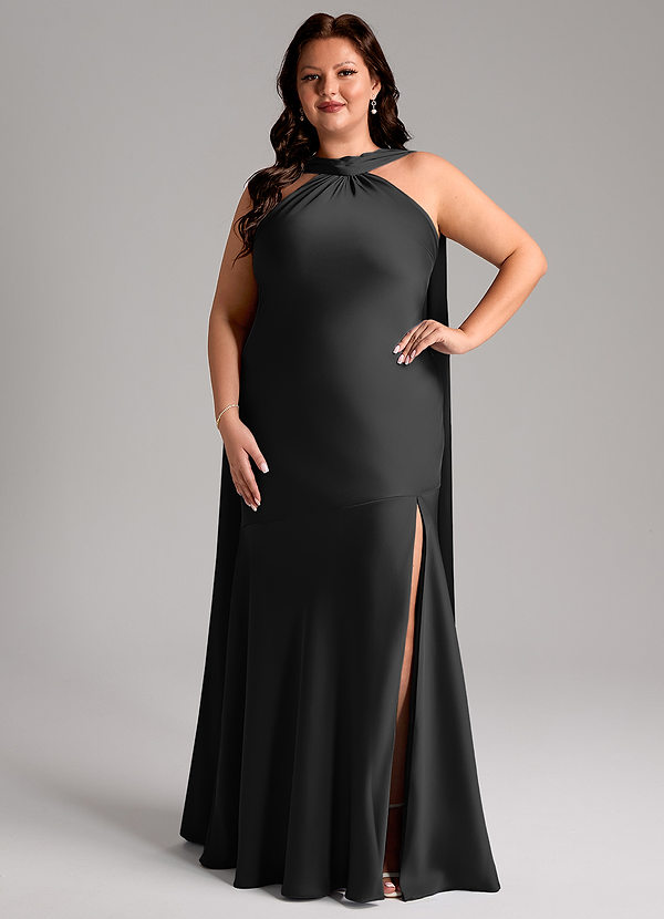 Azazie Kinsley Bridesmaid Dresses Black Mermaid Side Slit Stretch Satin Dress image1