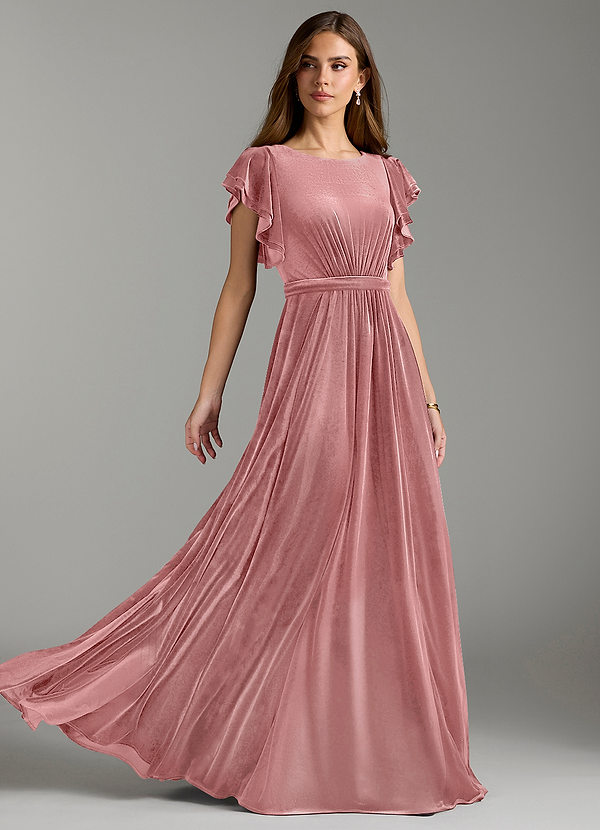 Azazie Daphne Modest Bridesmaid Dresses A-Line Velvet Floor-Length Dress with Belt image1