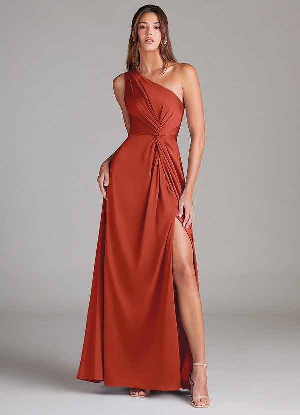 Azazie Brooke Robes Demoiselle d'honneur Robe Trapèze en Satin extensible Ue épaule Rouille image1