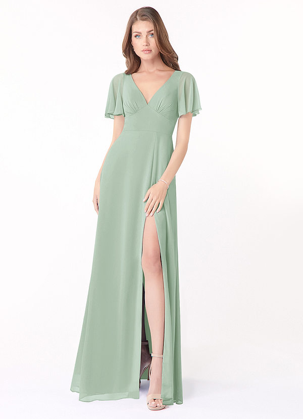 Azazie Kimber Bridesmaid Dresses Agave A-Line Flounce Sleeve Chiffon Dress image1