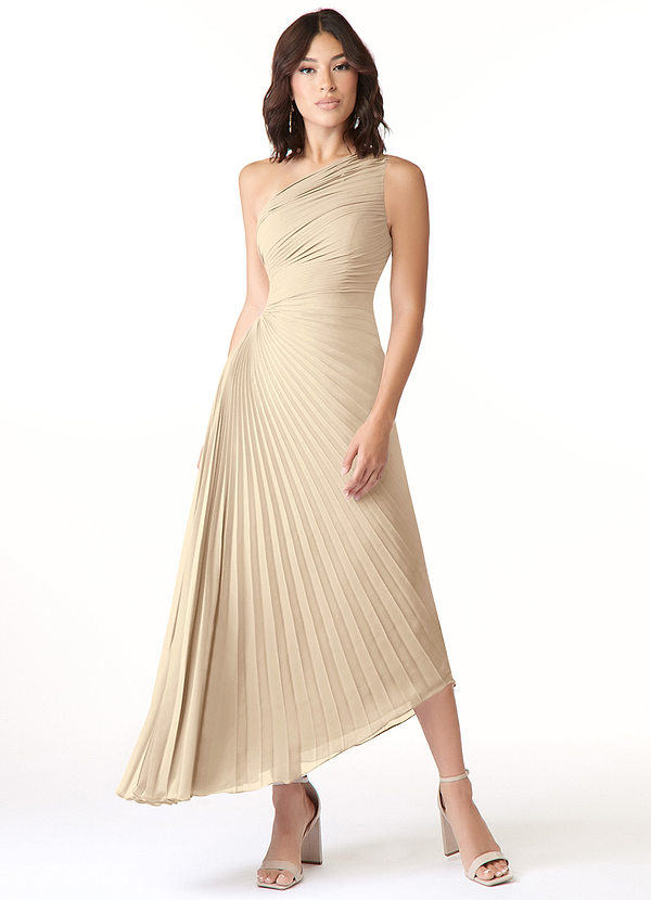 Azazie Kirra Bridesmaid Dresses Champagne A-Line One Shoulder Chiffon Dress image1