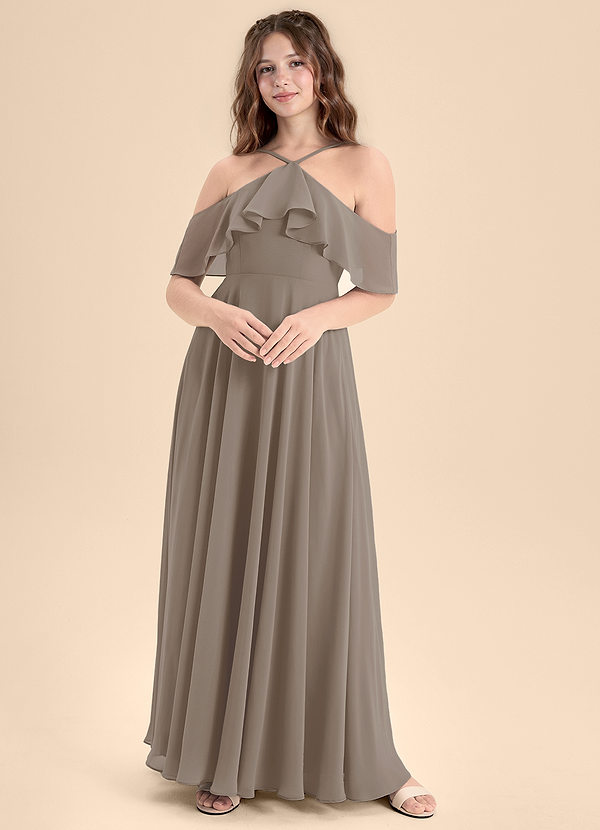 Azazie Tessabelle Junior Abito A-Line in Chiffon a Spalla Scoperta Taupe image1