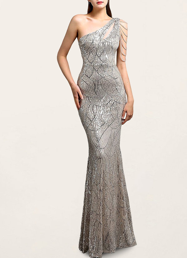 front Gleaming And Gorgeous Silver Sequin Asymmetrical Maxi Dress