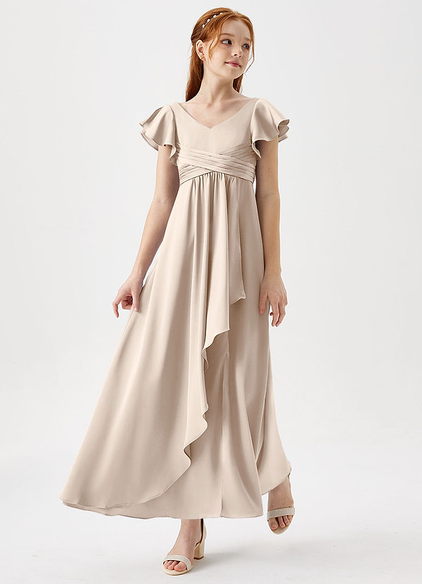 Azazie Omari Junior White Alabaster A-Line Pleated Stretch Satin Dress image1