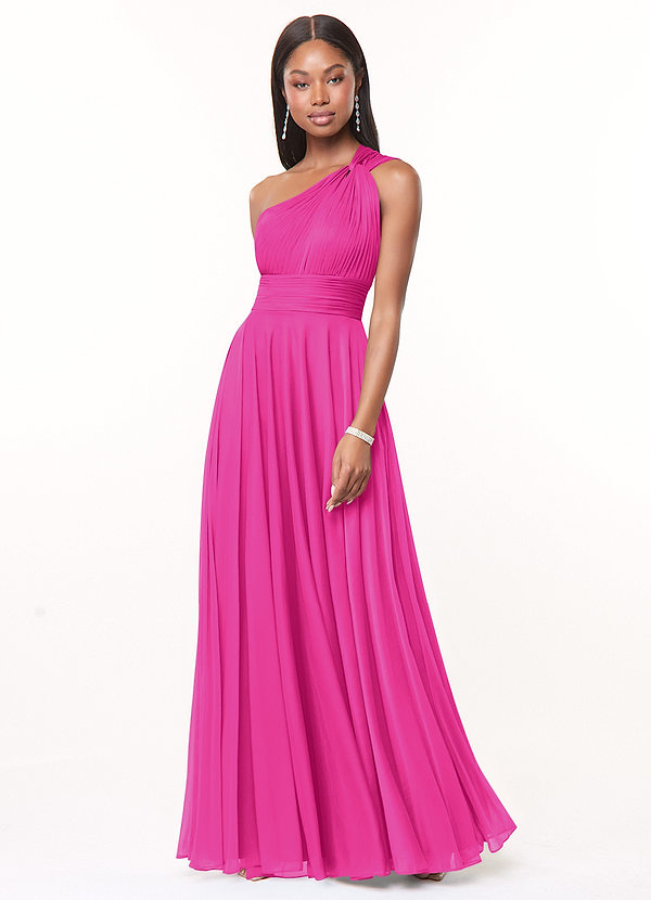 Azazie Charlize Bridesmaid Dresses Fuchsia A-Line One Shoulder Mesh Dress image1