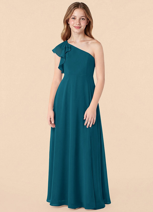 Azazie Arabella Junior Ink Blue A-Line Ruched Chiffon Dress image1