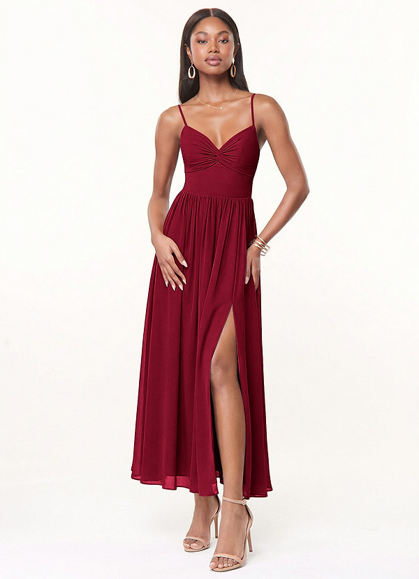 Azazie Zeya 신부 들러리 드레스 A라인 주름진 쉬폰 발목 길이 드레스 image1