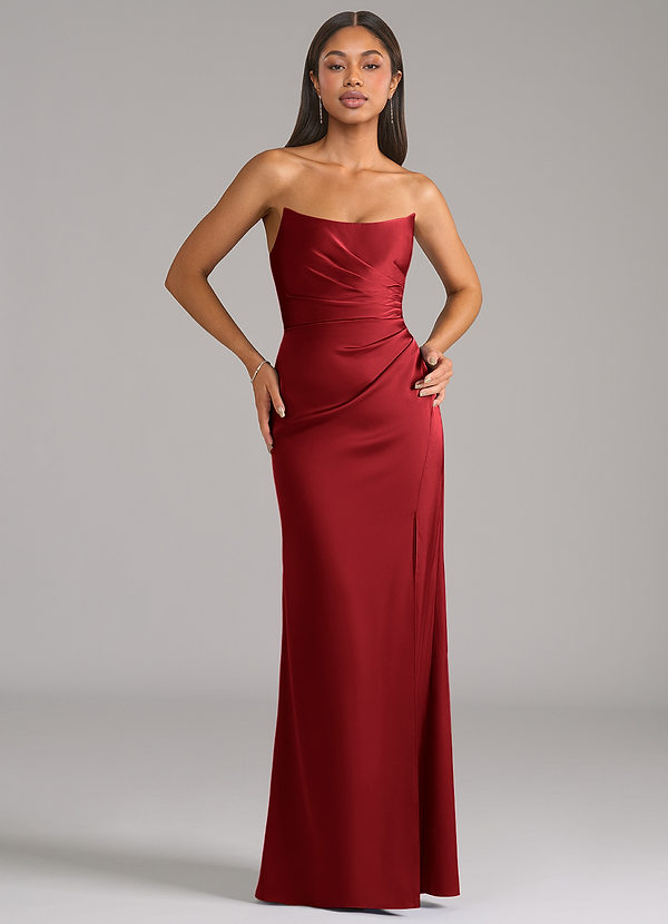 Azazie Marla Vestidos de dama de honor Vestido Escarlata de Satén Elástico de Corte Recto Convertible con Palabra de honor image1