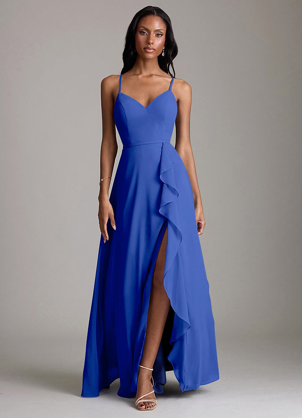 Azazie Naeem Bridesmaid Dresses Royal Blue A-Line V-Neck Ruffle Chiffon Dress image1