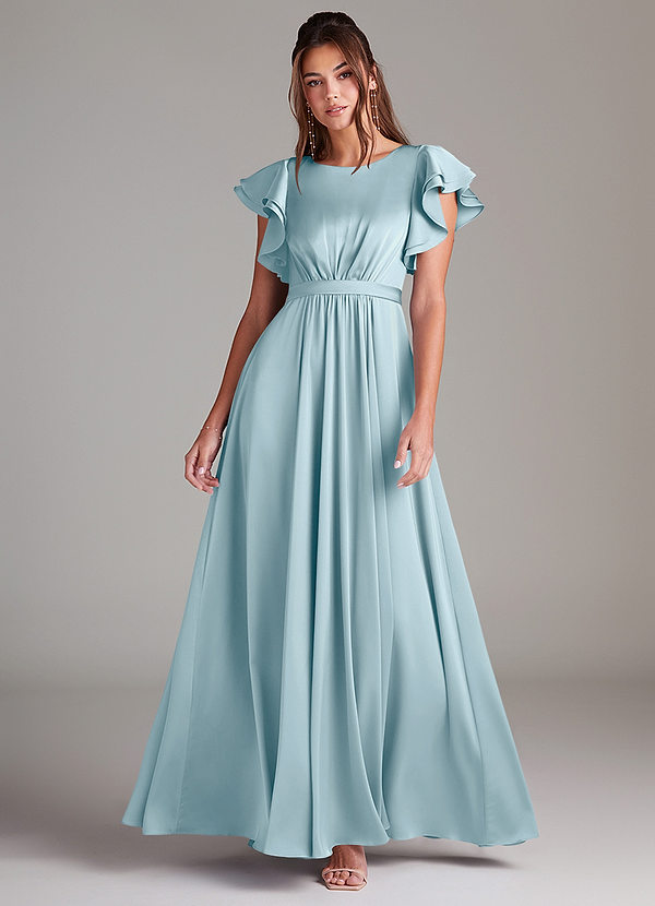 Azazie Daphne Modest Bridesmaid Dresses A-Line Ruched Stretch Satin Floor-Length Dress image1