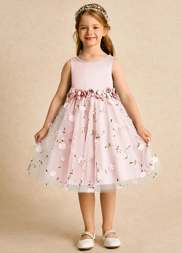 Azazie Starri Flower Girl Dresses Blushing Pink Ball-Gown Beaded Matte Satin Dress image1