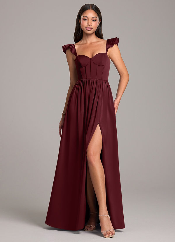 Azazie Denisse Abiti da Damigella Abito A-Line in Raso Elasticizzato Increspato Cabernet image1