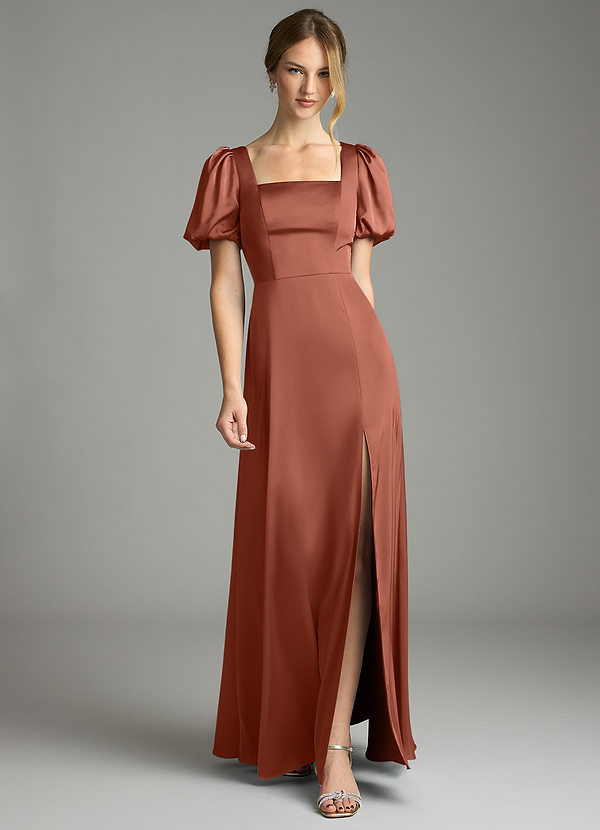 Azazie Fyona Bruidsmeisjes Jurken Jurk van Stretch Satijn met A-Lijn Geplooid Kastanjebruin image1